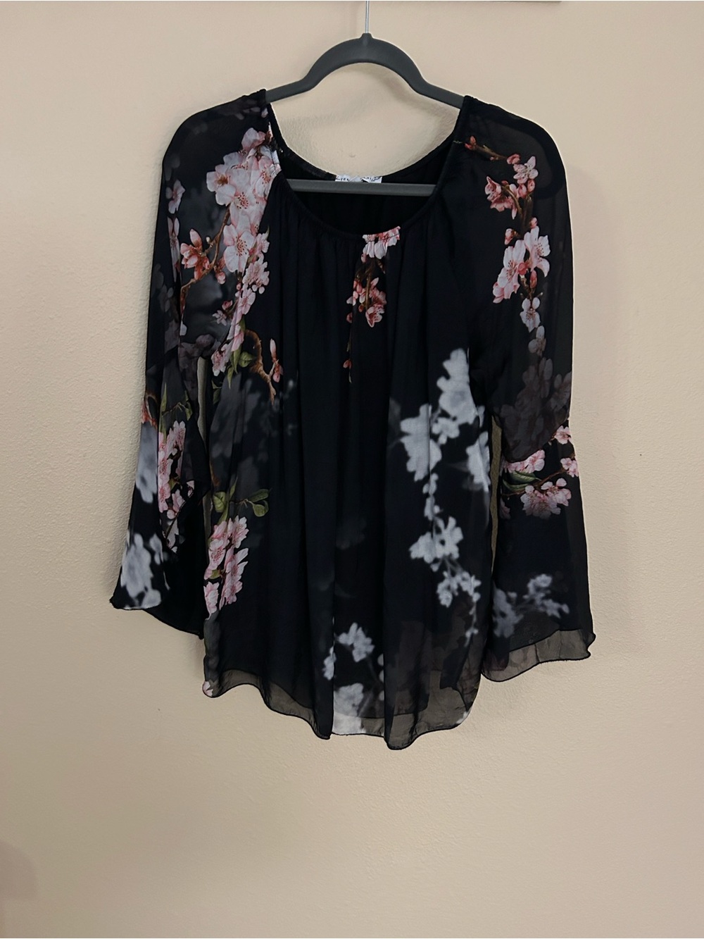 Tempo Paris Black Floral Chiffon Blouse with Pink Blossoms